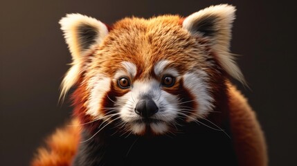 Close-up portrait of a red panda with expressive eyes and fluffy fur on a dark background, showcasing the unique features of this adorable animal.