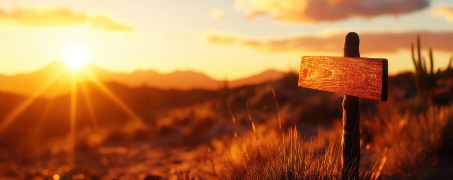 A serene sunset in the desert, highlighting a wooden signpost against a backdrop of vibrant colors and distant mountains.