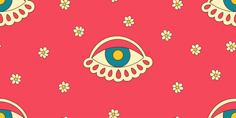 Retro 70s Hippie Seamless Pattern, Hippie Eye with Daisies. Psychedelic Groovy Elements.