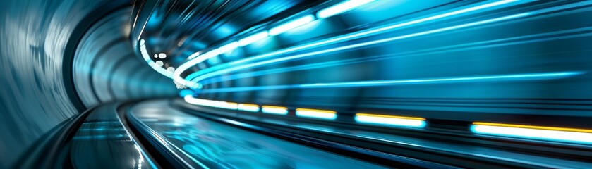 Dynamic motion blur in futuristic subway tunnel showcasing speed and technology in a vibrant urban setting.