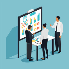 business team discuss their planning using a whiteboard