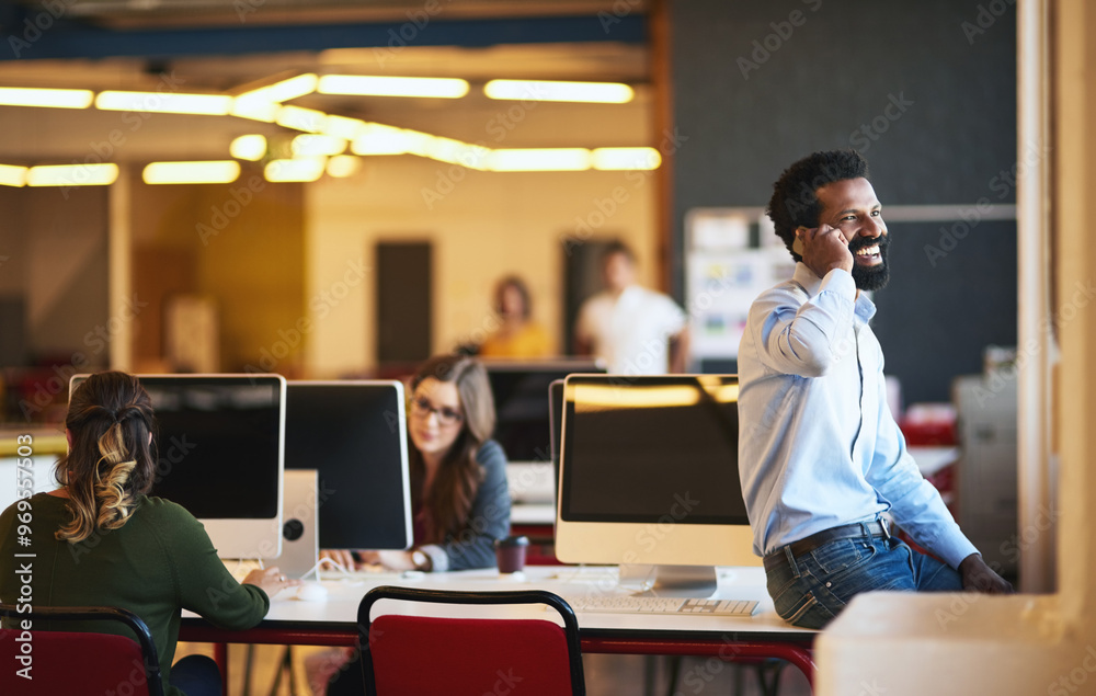 Poster phone call, business people and man in office, smile and connection with network, chatting and conve