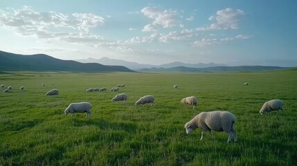 Fototapeta premium Cows and sheep graze peacefully on lush grass under a bright sky filled with white clouds, with green mountains gently rising in the background
