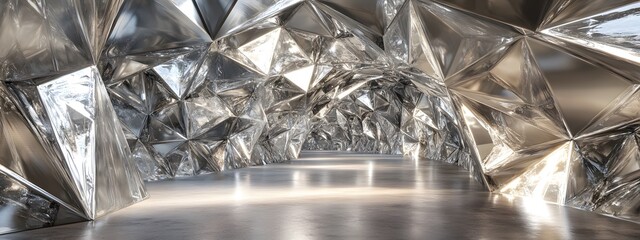 Fototapeta premium A futuristic crystal tunnel with silver metal accents, architectural photography