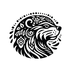 Obraz premium Beaver in folk art black and white silhouette illustration -