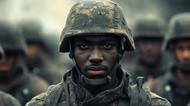 A young Black man in military uniform stares intently into the camera.