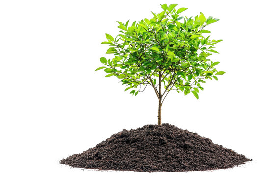 Young green tree growing from soil mound, symbolizing growth, nature, and sustainability. Isolated on a transparent background.