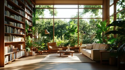 Obraz premium A serene living room with abundant greenery, natural light, and cozy furniture, perfect for relaxation and inspiration.