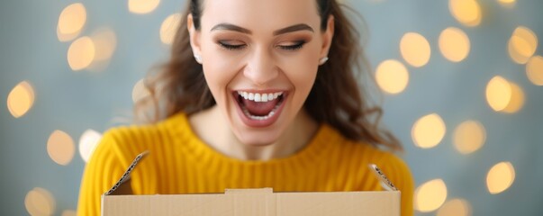 Excited woman opening a box with bokeh lights in the background, showcasing a joyful moment of surprise and anticipation.