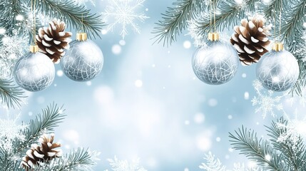 Obraz premium Festive winter decorations featuring silver ornaments, pine cones, and snowflakes against a soft blue background