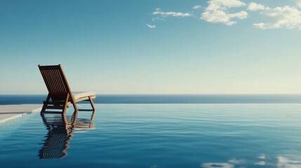 A tranquil poolside scene featuring a wooden lounge chair overlooking a vast ocean under a clear blue sky.