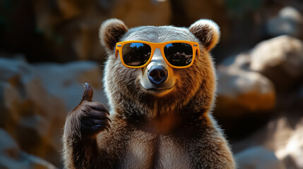 A playful bear wearing sunglasses gives a thumbs up, perfect for summer events or birthday celebrations. Design for Wall Art, Poster Print, Wallpaper & Background
