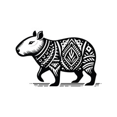 Fototapeta premium Capybara in folk art black and white silhouette illustration -