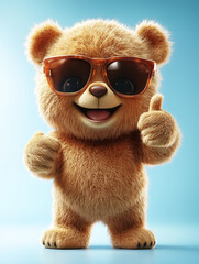 A cheerful cartoon bear character in sunglasses giving a thumbs up, perfect for children's birthday parties or summer event themes.