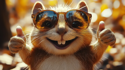 Cheerful chipmunk in sunglasses expressing joy, giving thumbs up, perfect for autumn-themed designs or fun nature-related events. Design for Wall Art, Poster Print, Wallpaper & Background