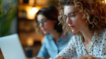 Focused young professionals working on laptops in a cozy office environment, collaborating on a project with modern technology.