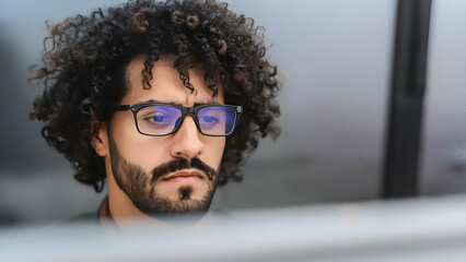 Attentive smart busy young latin business man software developer engineer programmer wearing glasses with reflection looking at computer screen developing code, programming concept, copy space