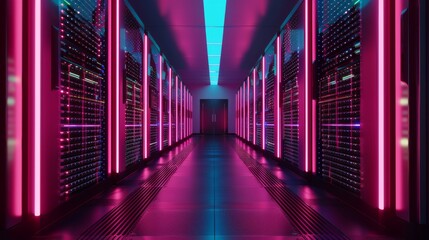 Futuristic data center hallway with vibrant neon lights, showcasing advanced technology and modern server racks.