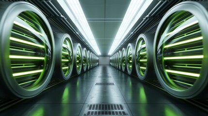 Futuristic data center with glowing green lights and symmetric server racks, creating a high-tech and secure environment for computing.