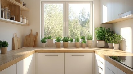 Bright and modern kitchen with plants adorning the windowsill and clean countertops, creating a fresh and inviting atmosphere.