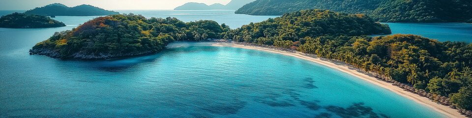 Stunning aerial view of tropical islands and bay with azure waters, perfect for travel promotions and summer vacation themes. Design for Wall Art, Poster Print, Wallpaper & Background