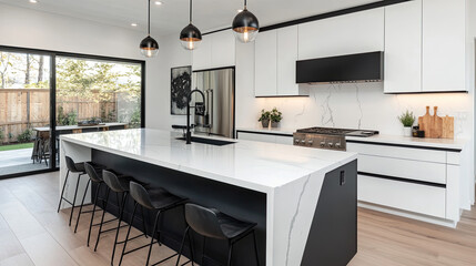 Modern kitchen featuring sleek design, island seating, and large windows for natural light.
