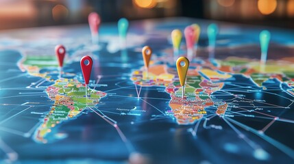 Colorful map with pins marking various global vacation spots, symbolizing travel planning and exploration.