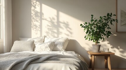 Cozy bedroom with soft lighting, a plush bed, and a vibrant plant adding a touch of nature to the serene atmosphere.