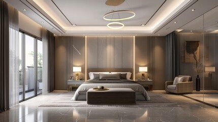 Luxurious modern bedroom with minimalist design, featuring elegant lighting, large windows, and comfortable furnishings.