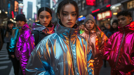 diverse young models wearing trendy neon-colored streetwear standing in front of graffiti wall