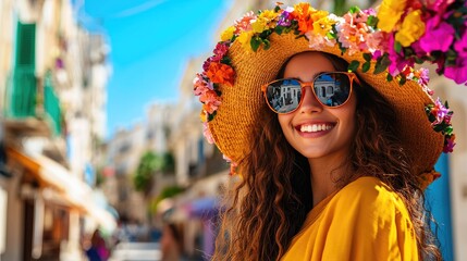 Fototapeta premium A joyful woman in a vibrant yellow dress and floral hat smiles in a sunlit street, radiating summer happiness and style. Hispanic Heritage, Day of the dead