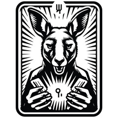 Kangaroo in Tarot card black and white silhouette illustration -