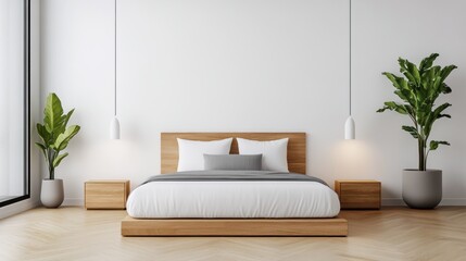 Modern bedroom interior featuring a wooden bed, soft linens, natural light, and green plants for a serene atmosphere.