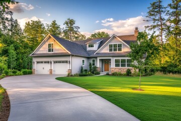 A beautiful home with a perfectly manicured lawn and landscape design, including an elegant driveway leading to the front door of the house.