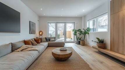 Modern living room interior featuring a cozy sofa, wooden accents, and natural light for a warm and inviting atmosphere.