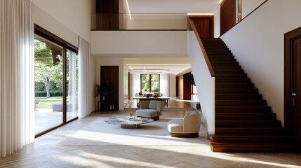 Fototapeta premium Spacious modern interior with elegant staircase, large windows, and stylish furniture, perfect for contemporary home design.