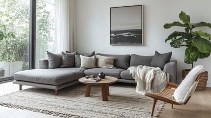 Stylish living room featuring a modern gray sofa, wooden coffee table, and lush greenery for a cozy ambiance.