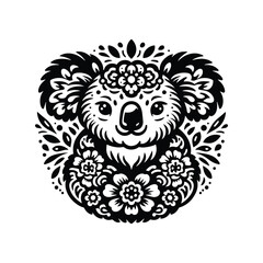Obraz premium Koala in folk art black and white silhouette illustration -