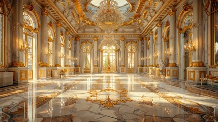 Opulent royal palace interior with exquisite golden details, marble floors, and grand chandeliers, basking in warm sunlight.
