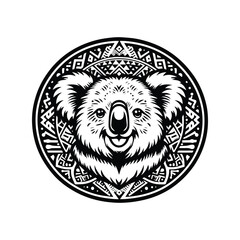 Koala in bohemian black and white silhouette illustration -