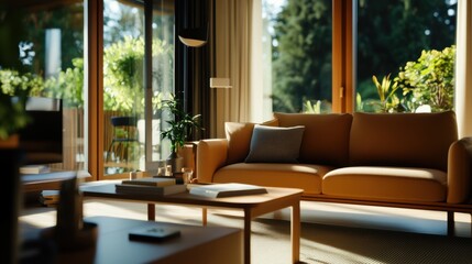 Fototapeta premium Stylish living room with a cozy sofa, natural light, and plants creating a serene atmosphere for relaxation and comfort.