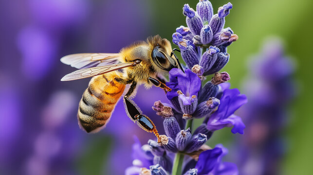 Close-up of a bee pollinating lavender flowers, perfect for nature-related events and environmental awareness campaigns.