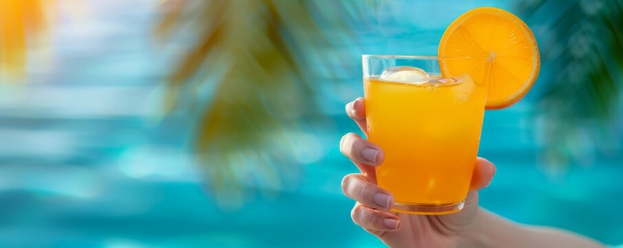 Refreshing orange cocktail by the poolside with tropical background, perfect for summer and vacation themes.