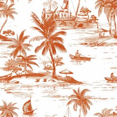 Seamless vintage tropical island pattern with palm trees, boats, and fishermen. Hawaiian-inspired retro wallpaper design.