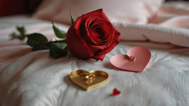 A beautiful red rose laying on a bed beside a heart-shaped card and gold jewelry, creating a romantic and sentimental atmosphere