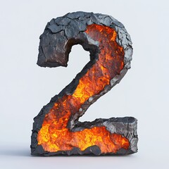 Obraz premium 3D number 2 with volcano lava texture realistic modern design, soft lighting, white background
