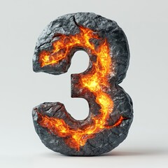3D number 3 with volcano lava texture realistic modern design, soft lighting, white background
