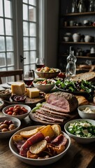Boxing Day feast with cold meats, cheeses, and salads.