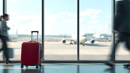 Luggage by Large Airport Window with Blurred Passengers
