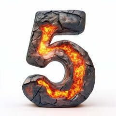 3D number 5 with volcano lava texture realistic modern design, soft lighting, white background